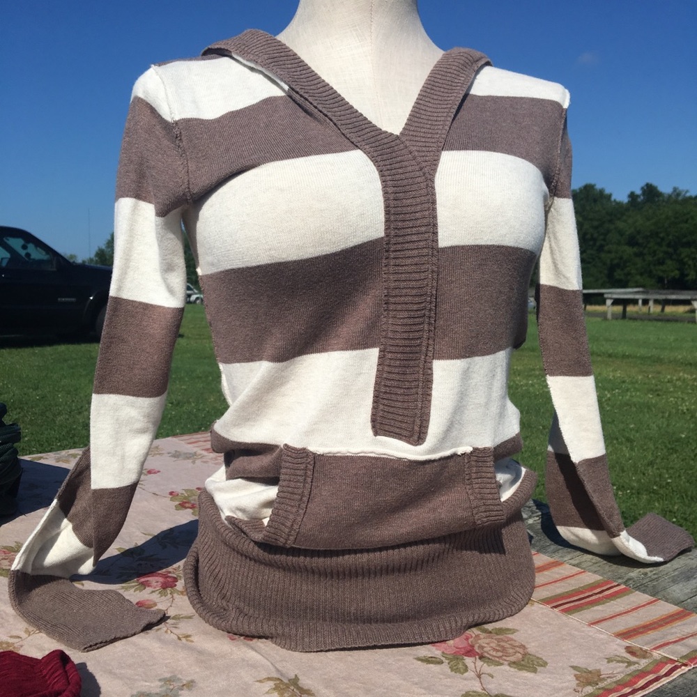 Brown and White Striped, Hooded Top